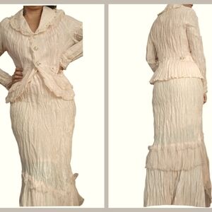 Vintage Blush Crinkle Jacket Skirt Set Pearl Western Size S/M